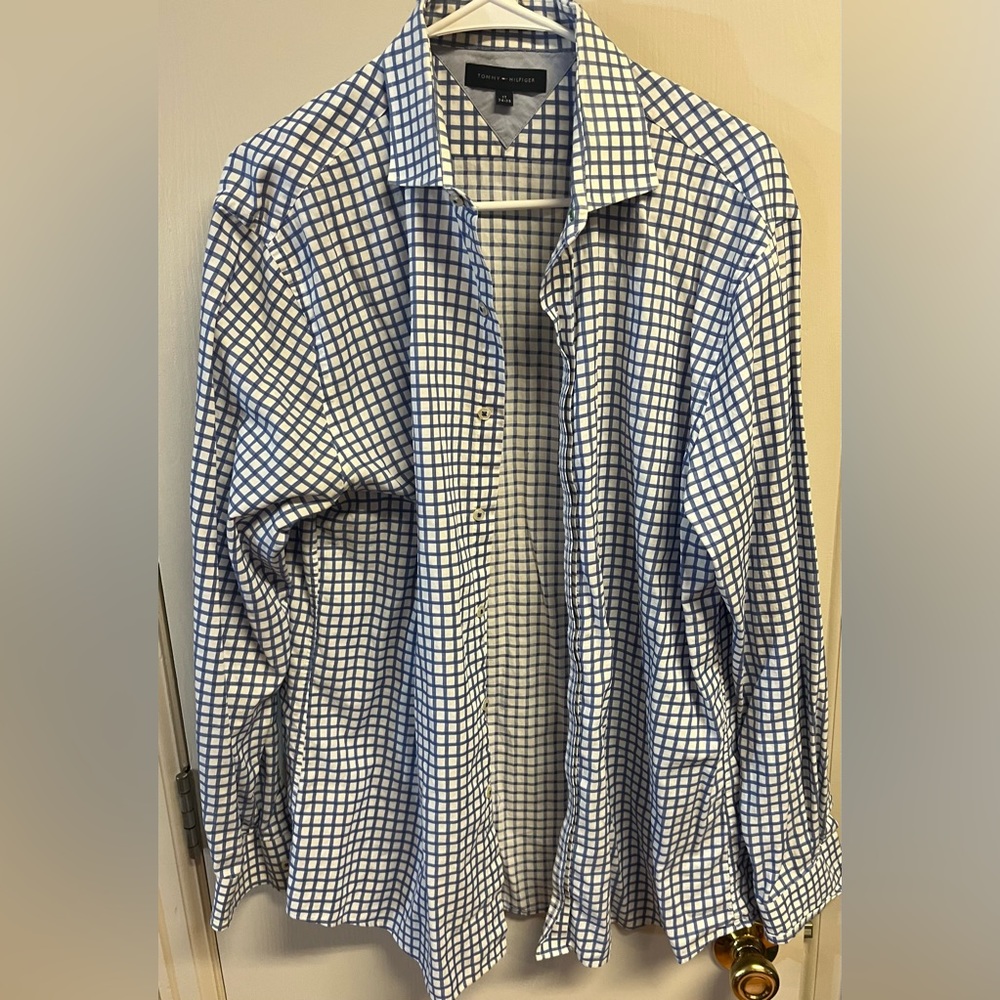 Tommy Hilfiger Men's Slim Fit Collared Button Down Shirt Sz XL 17 34/35 Blue.
